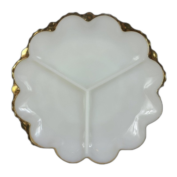Anchor Hocking Milk Glass 3 Section Divide Dish Gold Trim Platter‎ - Picture 1 of 4